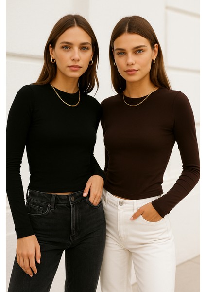 Kadın Siyah-Kahverengi 2'li Paket Bisiklet Yaka Esnek Kumaşlı Vücuda Oturan Slim Fit Uzun Kollu Crop Body fırsatları