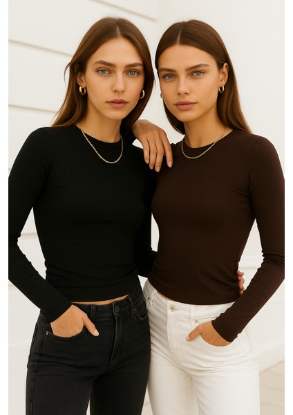 Kadın Siyah-Kahverengi 2'li Paket Bisiklet Yaka Esnek Kumaşlı Vücuda Oturan Slim Fit Uzun Kollu Crop Body indirimleri