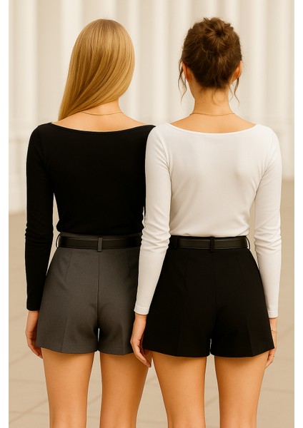 Kadın Siyah-Beyaz 2'li Paket Kayık Yaka Uzun Kollu Bluz