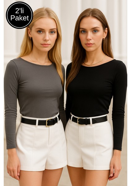Kadın Siyah-Gri 2'li Paket Kayık Yaka Uzun Kollu Bluz