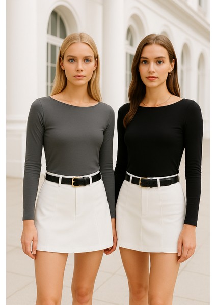 Kadın Siyah-Gri 2'li Paket Kayık Yaka Uzun Kollu Bluz fiyatları