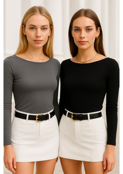 Kadın Siyah-Gri 2'li Paket Kayık Yaka Uzun Kollu Bluz modelleri