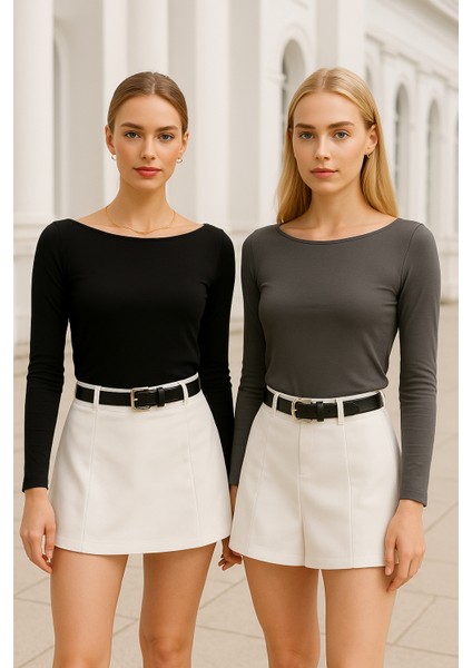 Kadın Siyah-Gri 2'li Paket Kayık Yaka Uzun Kollu Bluz fırsatları