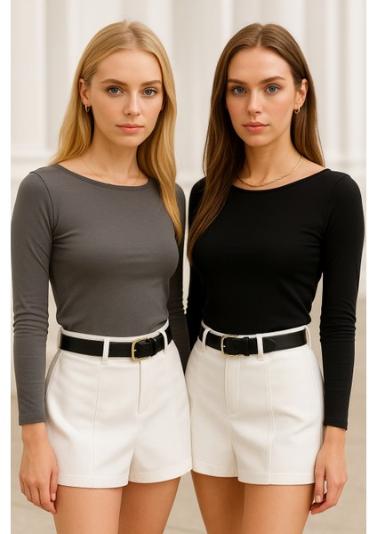 Kadın Siyah-Gri 2'li Paket Kayık Yaka Uzun Kollu Bluz indirimleri