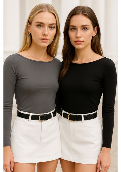 Kadın Siyah-Gri 2'li Paket Kayık Yaka Uzun Kollu Bluz