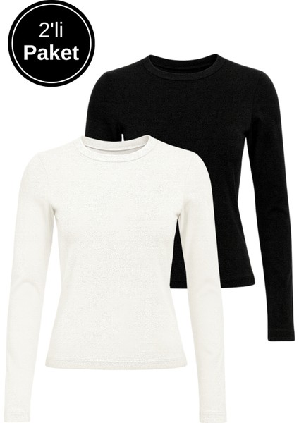 Kadın Siyah-Beyaz 2'li Paket Bisiklet Yaka Esnek Kumaşlı Vücuda Oturan Slim Fit Uzun Kollu Crop Body