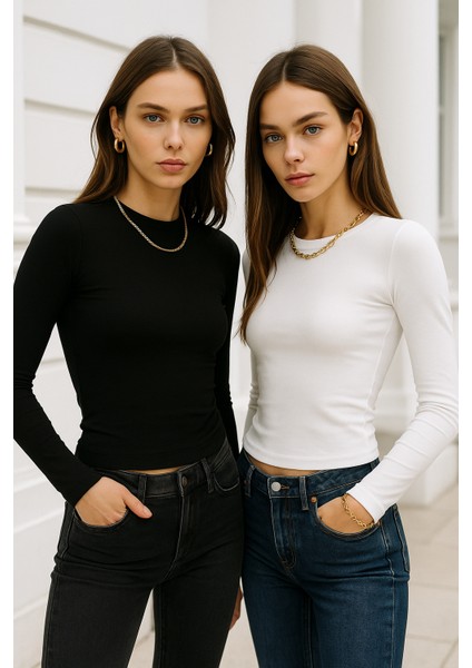 Kadın Siyah-Beyaz 2'li Paket Bisiklet Yaka Esnek Kumaşlı Vücuda Oturan Slim Fit Uzun Kollu Crop Body fiyatları