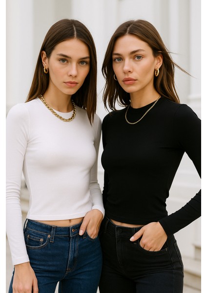 Kadın Siyah-Beyaz 2'li Paket Bisiklet Yaka Esnek Kumaşlı Vücuda Oturan Slim Fit Uzun Kollu Crop Body modelleri