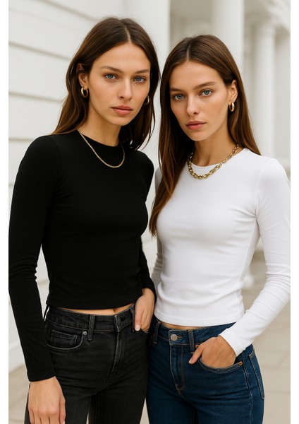 Kadın Siyah-Beyaz 2'li Paket Bisiklet Yaka Esnek Kumaşlı Vücuda Oturan Slim Fit Uzun Kollu Crop Body fırsatları