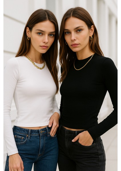 Kadın Siyah-Beyaz 2'li Paket Bisiklet Yaka Esnek Kumaşlı Vücuda Oturan Slim Fit Uzun Kollu Crop Body indirimleri