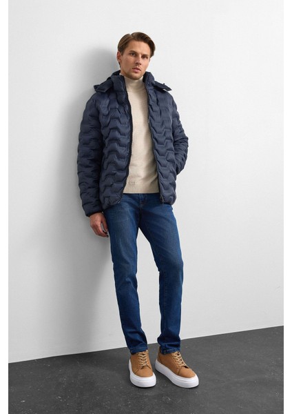 Lacivert Smart Fit Çift Taraflı Kapüşonlu Mont