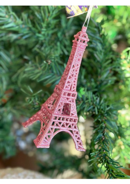 Büyük Simli Yılbaşı Dekoru, Pembe Eiffel Kulesi, Koleksiyonluk Süs, Şık ve Parlak.