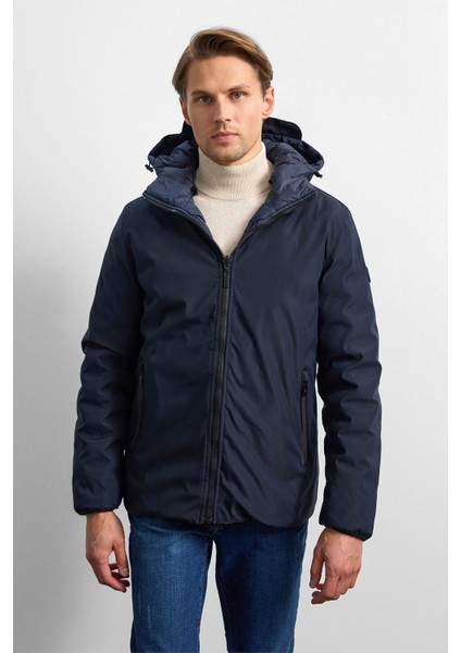 Lacivert Smart Fit Çift Taraflı Kapüşonlu Mont