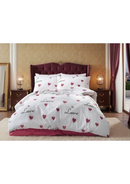 Tek Kişilik Kalp Desenli Kombinli Çarşafı Lastikli Nevresim Takımı
