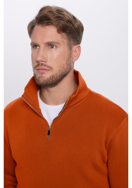 Unisex Relax Fit Rahat Kesim Pamuklu Içi Polarlı Yarım Fermuarlı Kiremit Renk Dik Yaka Sweatshirt