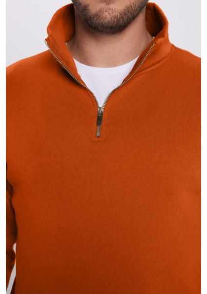 Unisex Relax Fit Rahat Kesim Pamuklu Içi Polarlı Yarım Fermuarlı Kiremit Renk Dik Yaka Sweatshirt modelleri