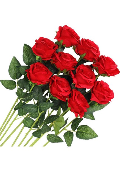 10 Adet Yapay Gül Buketi (Kırmızı - Çiçek Açan Güller) (Yurt Dışından)