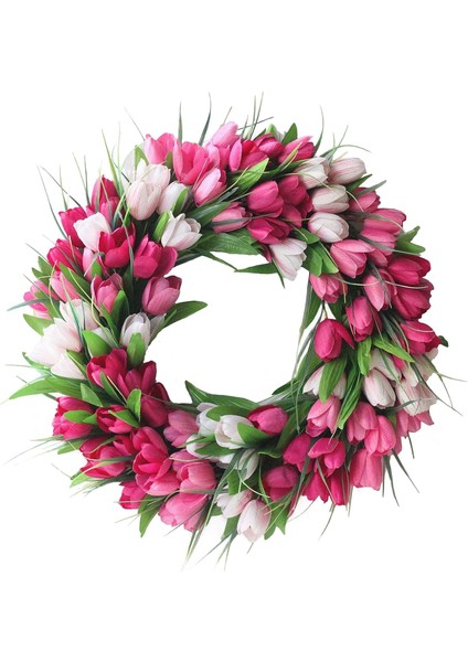 Esinti Yapay Lale Çiçek Çelenkleri Ön Kapı Için 45 cm Çiftlik Evi Pembe Çelenk Bahar (Yurt Dışından)