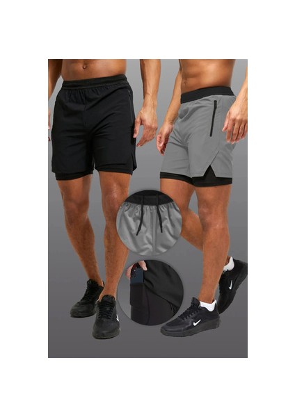 2 Li Paket Gym ve Fitness Erkek Astarlı Taytlı Şort Gizli Cep Detaylı Düz Desen