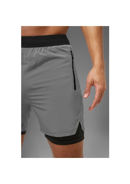 2 Li Paket Gym ve Fitness Erkek Astarlı Taytlı Şort Gizli Cep Detaylı Düz Desen