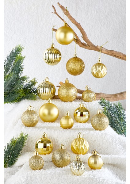 20li Karışık Desenli Yılbaşı Süsü Gold Cici Top