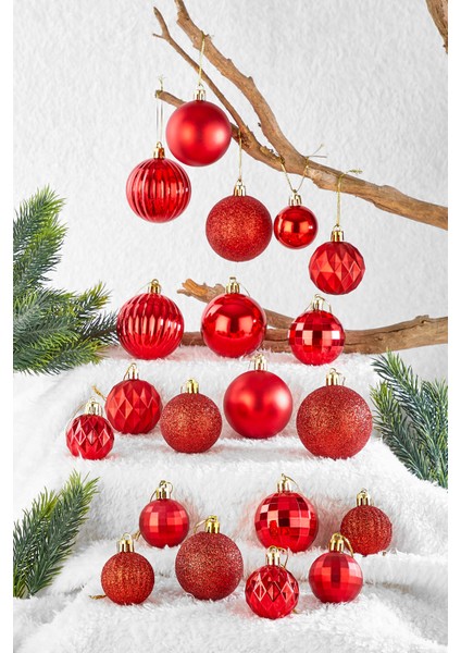 20li Karışık Desenli Yılbaşı Süsü Kırmızı