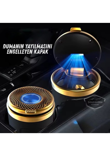 Üniversal Porselen Yanmaz Koku Geçirmez Altın Seramik Mavi Işıklı Lüx Oto Küllük Dumansız Kapaklı Spor Araç Içi Küllük Araba Küllüğü Gold
