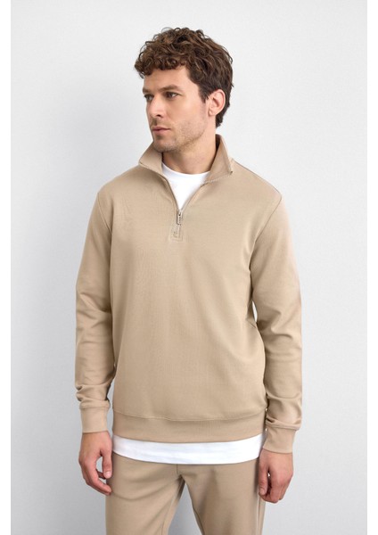 Bej Regular Fit Dik Yaka Yarım Fermuarlı Sweatshirt modelleri