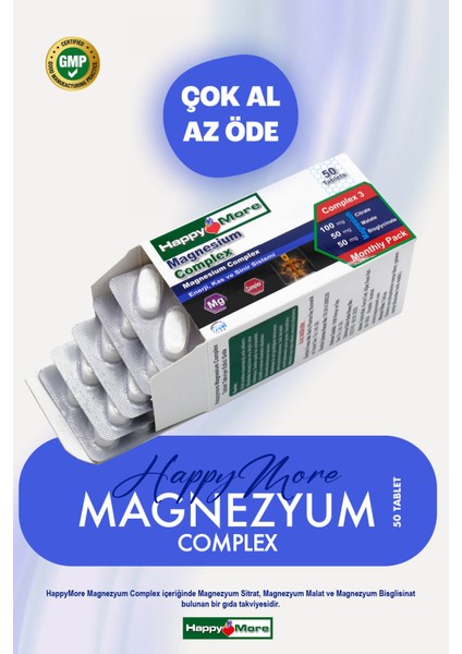 HappyMore Magnezyum Malat Bisglisinat ve Sitrat Kompleksi İçeren 50 Çentikli Tablet Takviye Edici Gıda