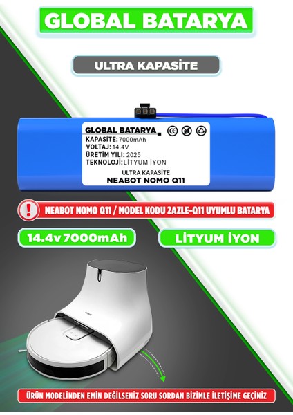 Neabot Nomo Q11 Uyumlu Akıllı Robot Süpürge Bataryası 14.4V 7000MAH Li-Ion Pil (Ultra Kapasite)