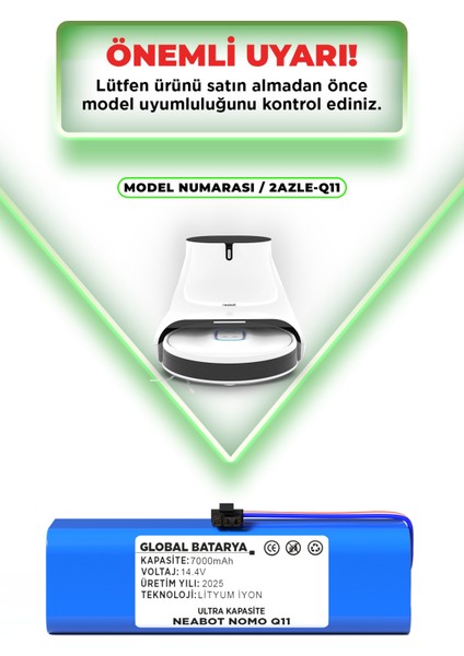Neabot Nomo Q11 Uyumlu Akıllı Robot Süpürge Bataryası 14.4V 7000MAH Li-Ion Pil (Ultra Kapasite) indirimleri