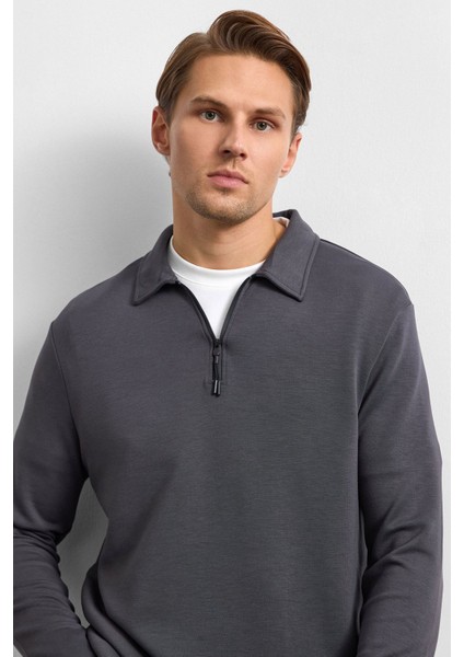 Antrasit Regular Fit Yarım Fermuarlı Sweatshirt