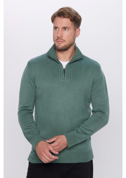 Erkek Slim Fit Dar Kesim Armürlü Fermuarlı Yeşil Dik Yaka Kazak