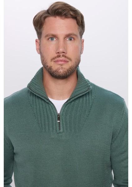 Erkek Slim Fit Dar Kesim Armürlü Fermuarlı Yeşil Dik Yaka Kazak fiyatları