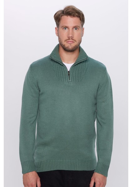 Erkek Slim Fit Dar Kesim Armürlü Fermuarlı Yeşil Dik Yaka Kazak fırsatları