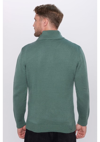 Erkek Slim Fit Dar Kesim Armürlü Fermuarlı Yeşil Dik Yaka Kazak indirimleri