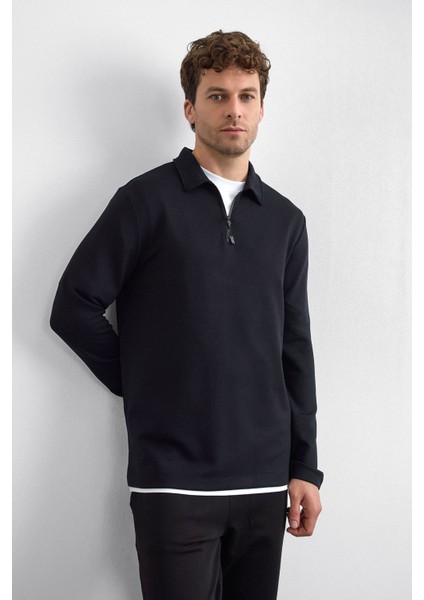 Siyah Regular Fit Gömlek Yaka Yarım Fermuarlı Sweatshirt