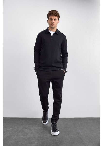 Siyah Regular Fit Gömlek Yaka Yarım Fermuarlı Sweatshirt modelleri