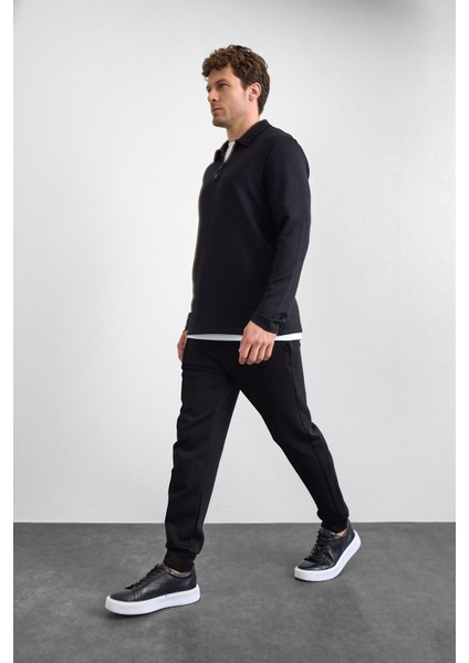 Siyah Regular Fit Gömlek Yaka Yarım Fermuarlı Sweatshirt fırsatları