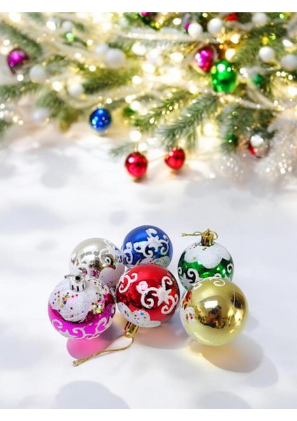 Yılbaşı Topları Desenli 6 cm Renkli 6'lı Çam Ağacı Süsleri