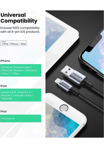 Lightning - USB-A Örgülü MFi Sertifikalı İphone Hızlı Şarj Kablosu, 1.5 Metre, Siyah, 60157