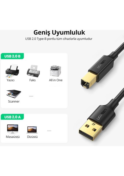 USB-A - USB-B Yazıcı Tarayıcı Kablosu 1 Metre, Siyah, 20846