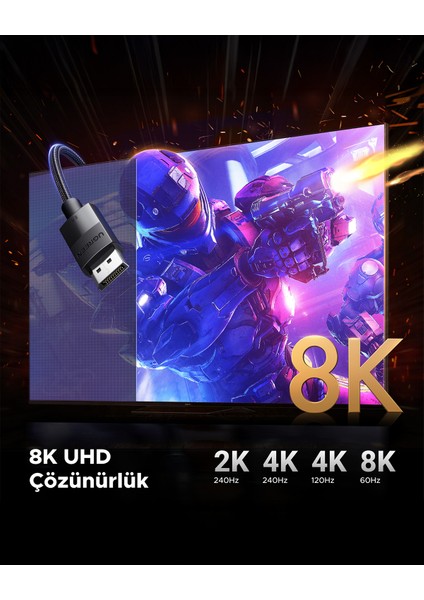 8K 60Hz Displayport - Displayport 1.4 Örgülü Kablo 2 Metre, Siyah, 80392