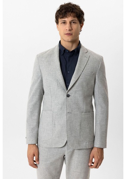 Açık Gri Slim Fit Mono Yaka Yünlü Ceket