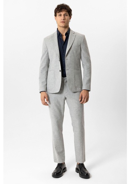Açık Gri Slim Fit Mono Yaka Yünlü Ceket
