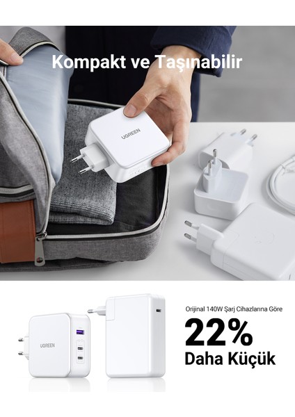Nexode 140W Gan 3 Portlu Hızlı Şarj Cihazı 1xusb-A, 2xusb-C Qc 4.0 Pd 3.1, Beyaz, 15339