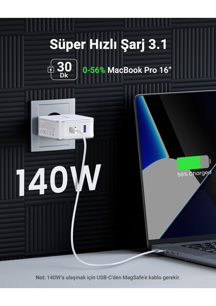 Nexode 140W Gan 3 Portlu Hızlı Şarj Cihazı 1xusb-A, 2xusb-C Qc 4.0 Pd 3.1, Beyaz, 15339