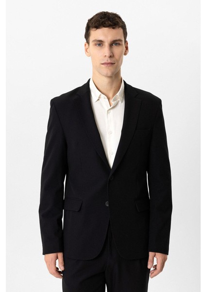 Siyah Slim Fit Mono Yaka %100 Pamuk Ceket