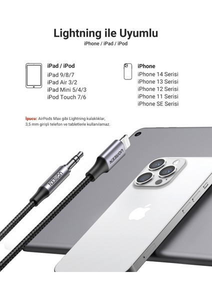 Mfi Sertifikalı Lightning to 3.5mm Örgülü Ses Kablosu, 1 Metre, Siyah, 70509