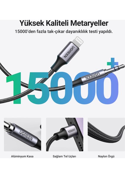 Mfi Sertifikalı Lightning to 3.5mm Örgülü Ses Kablosu, 1 Metre, Siyah, 70509